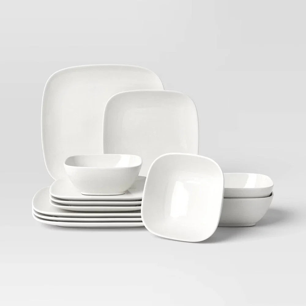12pc New Poreclain Square Coupe Dinnerware Set