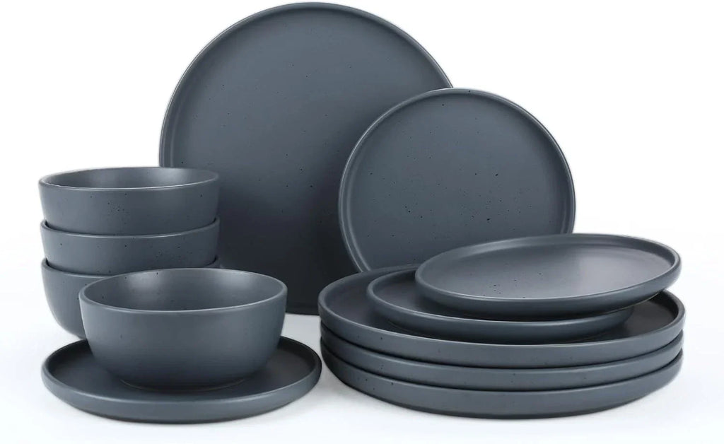 Stoneware Dinnerware Set, 12-Piece Plates & Bowls for 4, Dishwasher Saf