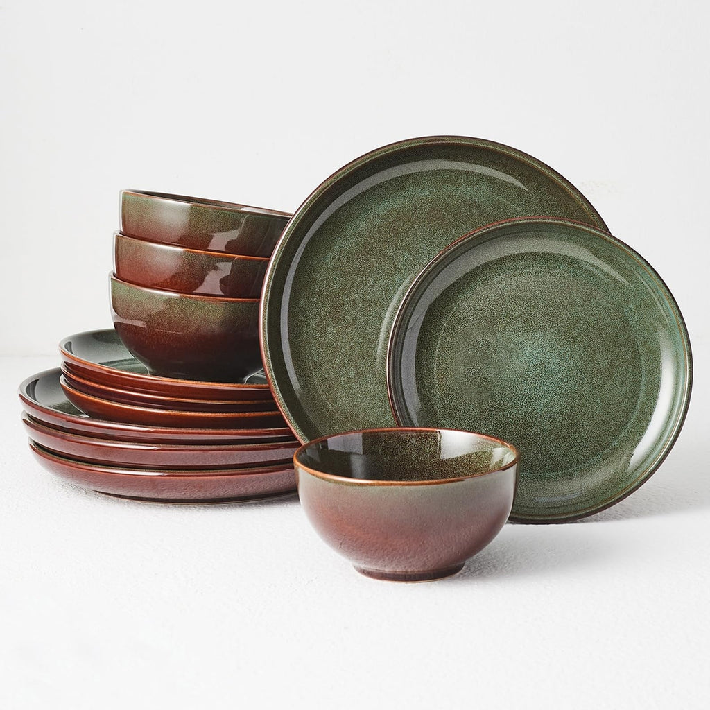 Stoneware Dinnerware Sets Service for 4, 12 pcs Reactive Glaze Plates and Bow