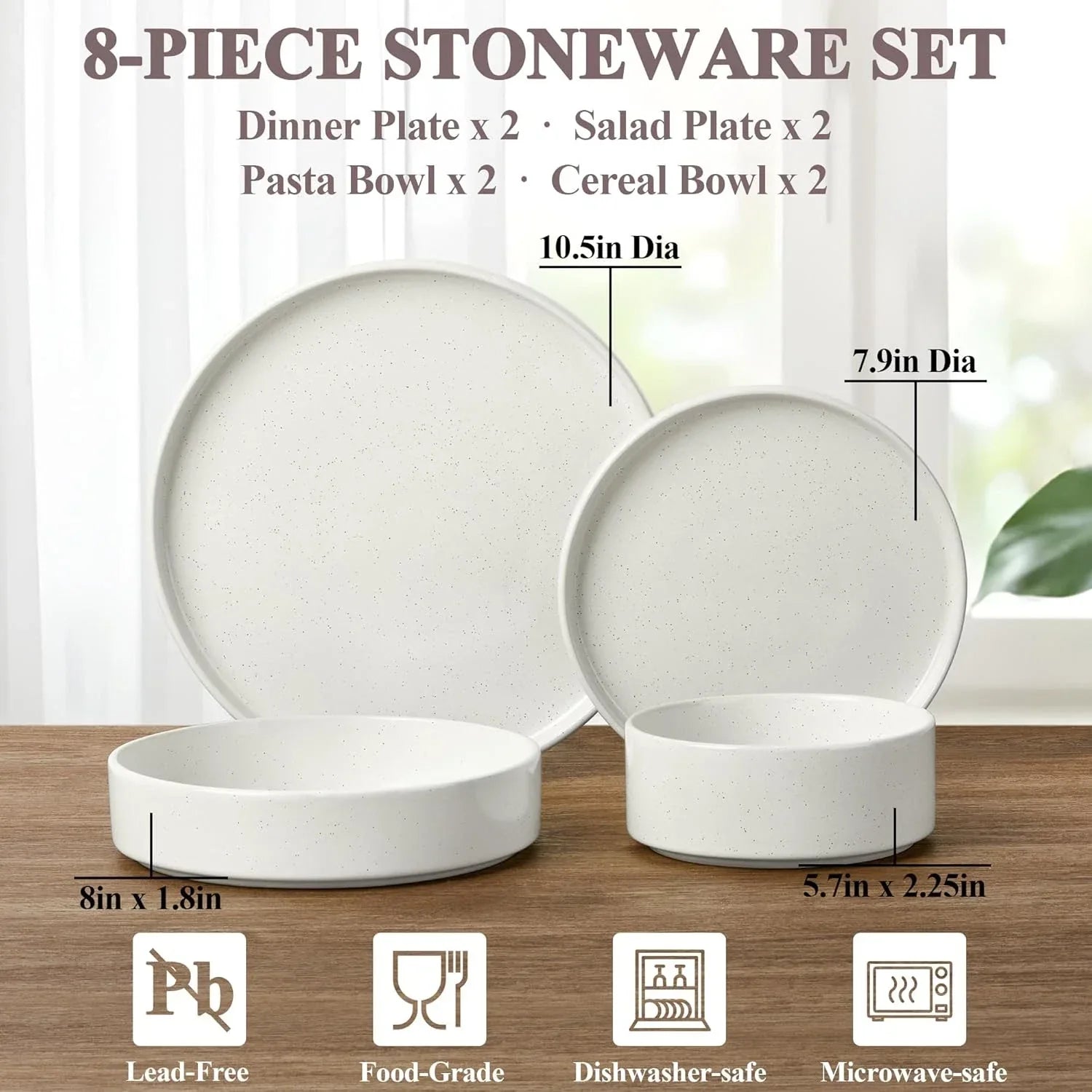 8 Piece Dinnerware Sets with Pasta Bowls for 2, Dinner Salad Plates and Cereal S  Smart Need (7713)